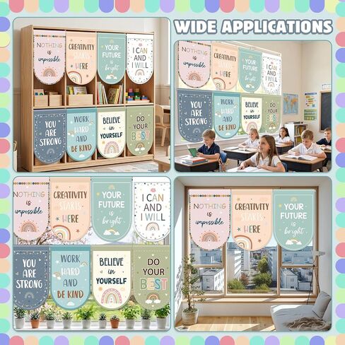 8 Pcs Boho Rainbow Curtains Back to School Window Drapes Positive Inspirational Classroom Valances for Kid First Day of School Classroom Kindergarten Playroom Daycare Bedroom Window Decor 36" X 24" in Kuwait