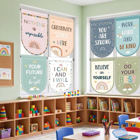 8 Pcs Boho Rainbow Curtains Back to School Window Drapes Positive Inspirational Classroom Valances for Kid First Day of School Classroom Kindergarten Playroom Daycare Bedroom Window Decor 36" X 24" in Kuwait