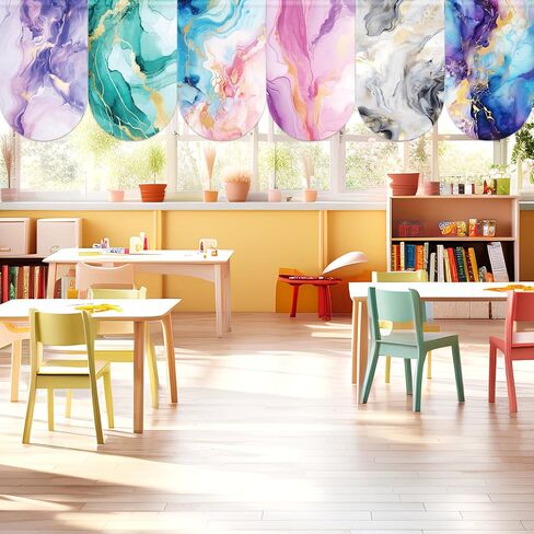 6 Pcs Colorful Marble Curtains Back to School Window Drapes Marble Design Classroom Valances for Kid First Day of School Classroom Kindergarten Playroom Daycare Bedroom Window Decor Supplies 36" X 24" in Kuwait