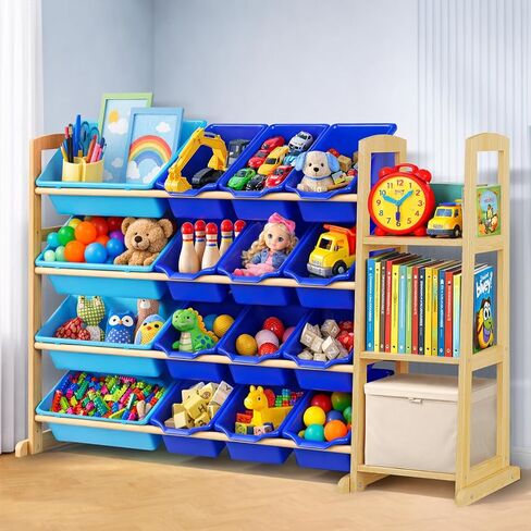 Toy Storage Organizer with Bookshelf – Wooden Toy Organizer with 12 Toy Bins & 6 Tier Bookcase,Quick Assembly Kids Bookshelf,Toy Bin for Playroom, Bedroom, Nursery– White in Kuwait