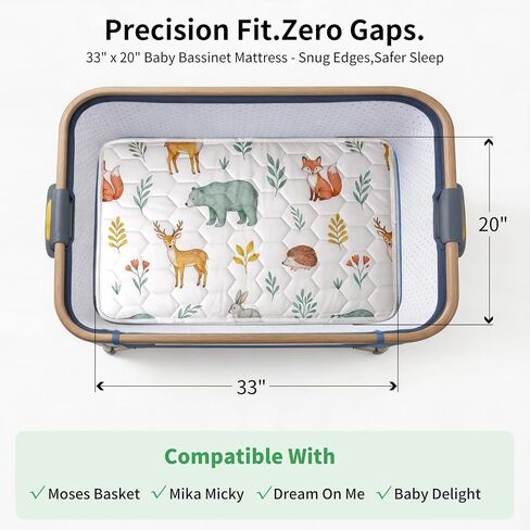 Baby Bassinet Mattress Pad 33" x 20" x 1.5", Firm Breathable Foam Mattress for Bassinet, Anti-Slip Cradle Mattress Pad, Woodland Print, Fits Moses Basket, Baby Delight, Mika Micky in Kuwait