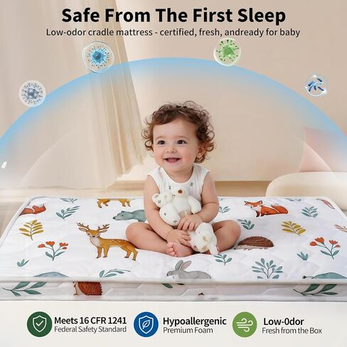 Baby Bassinet Mattress Pad 33" x 20" x 1.5", Firm Breathable Foam Mattress for Bassinet, Anti-Slip Cradle Mattress Pad, Woodland Print, Fits Moses Basket, Baby Delight, Mika Micky in Kuwait