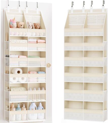 Criusia Over the Door Organizer, Extra Large 12 Compartments Closet Hanging Storage with 14 Mesh Pockets, 85lbs Capacity Behind the Door Storage for Baby Nursery, Bathroom, Bedroom, and Dorm, Beige in Kuwait