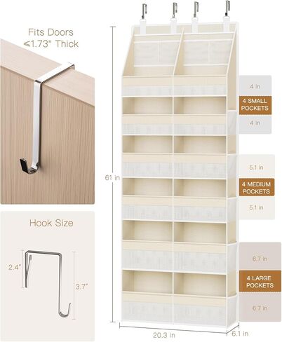 Criusia Over the Door Organizer, Extra Large 12 Compartments Closet Hanging Storage with 14 Mesh Pockets, 85lbs Capacity Behind the Door Storage for Baby Nursery, Bathroom, Bedroom, and Dorm, Beige in Kuwait