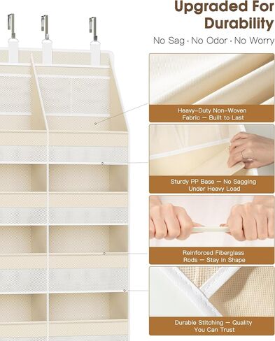 Criusia Over the Door Organizer, Extra Large 12 Compartments Closet Hanging Storage with 14 Mesh Pockets, 85lbs Capacity Behind the Door Storage for Baby Nursery, Bathroom, Bedroom, and Dorm, Beige in Kuwait