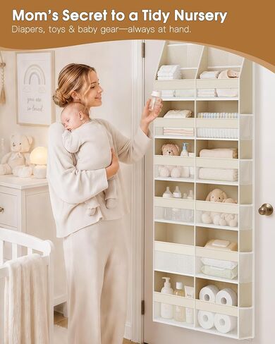 Criusia Over the Door Organizer, Extra Large 12 Compartments Closet Hanging Storage with 14 Mesh Pockets, 85lbs Capacity Behind the Door Storage for Baby Nursery, Bathroom, Bedroom, and Dorm, Beige in Kuwait