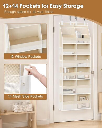 Criusia Over the Door Organizer, Extra Large 12 Compartments Closet Hanging Storage with 14 Mesh Pockets, 85lbs Capacity Behind the Door Storage for Baby Nursery, Bathroom, Bedroom, and Dorm, Beige in Kuwait