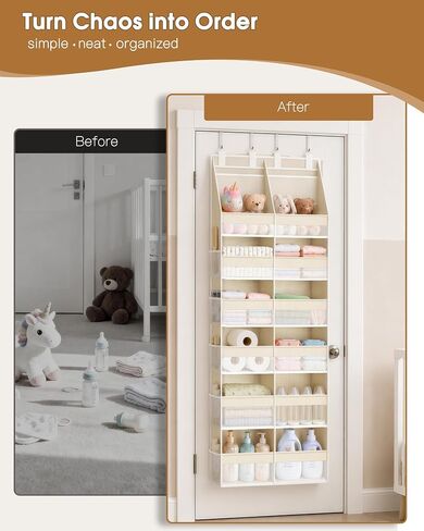 Criusia Over the Door Organizer, Extra Large 12 Compartments Closet Hanging Storage with 14 Mesh Pockets, 85lbs Capacity Behind the Door Storage for Baby Nursery, Bathroom, Bedroom, and Dorm, Beige in Kuwait