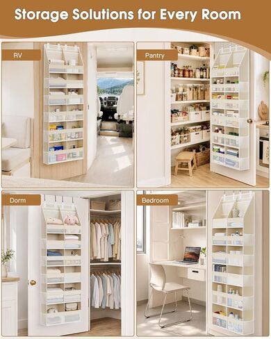 Criusia Over the Door Organizer, Extra Large 12 Compartments Closet Hanging Storage with 14 Mesh Pockets, 85lbs Capacity Behind the Door Storage for Baby Nursery, Bathroom, Bedroom, and Dorm, Beige in Kuwait