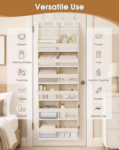 Criusia Over the Door Organizer, Extra Large 12 Compartments Closet Hanging Storage with 14 Mesh Pockets, 85lbs Capacity Behind the Door Storage for Baby Nursery, Bathroom, Bedroom, and Dorm, Beige in Kuwait