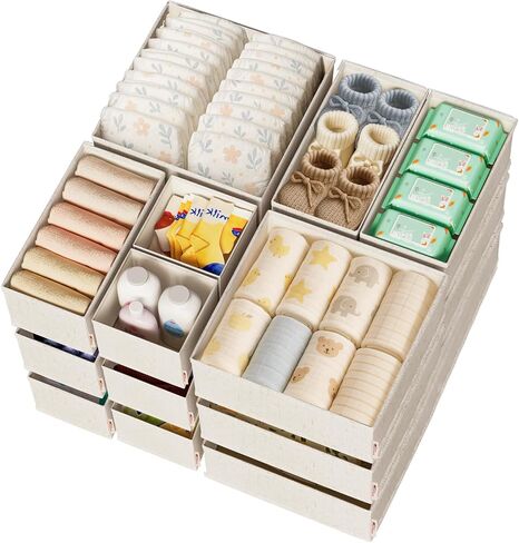 Cotton Linen Drawer Organizer for Baby Clothes, 12Pack Multi-Size Nursery Dresser Dividers for Clothes, Premium Foldable Storage Bins for Bedroom, Closet and Diaper Table, Beige in Kuwait