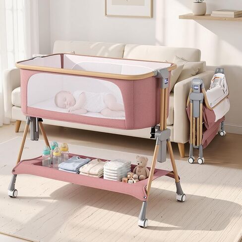 MOMFANN Baby Bassinet Bedside Sleeper, Portable Travel Bedside Crib, Easy One-Second Fold, Space-Saving Design Fits Anywhere, Lightweight 18 lbs for Travel & Home in Kuwait