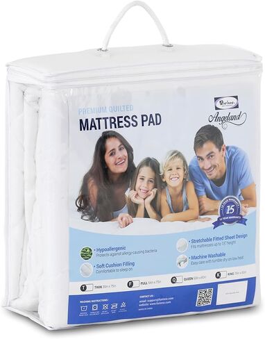 Furinno Angeland Fitted Mattress Pad, Mattress Protector Top, White | Twin Size, Quilted, Fit Mattresses up to 15" Tall, Machine Washable in Kuwait