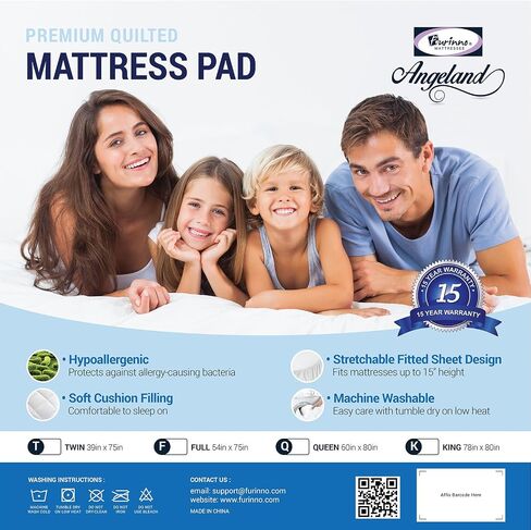 Furinno Angeland Fitted Mattress Pad, Mattress Protector Top, White | Twin Size, Quilted, Fit Mattresses up to 15" Tall, Machine Washable in Kuwait