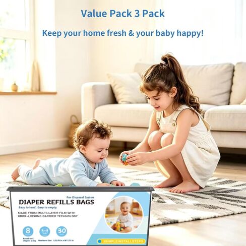Diaper Pail Refills Bags Compatible with Genie Easy Roll Signature and Platinum Diaper Pails, Holds Up to 1410 Newborn Diapers Per Refill, 7-Layer Odor-Barrier Technology, 3 Pack (90 Bags) in Kuwait