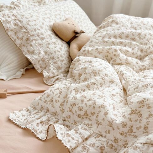 Camellia Print Toddler Duvet Cover + 1 Pillow Case, Muslin Cotton Floral Bedding Set for Kids Girls Boys in Kuwait