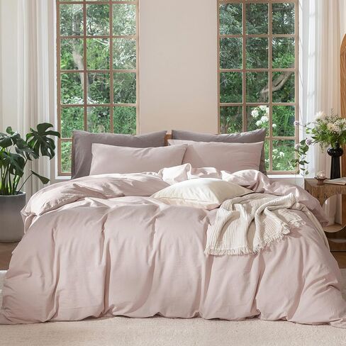 MooMee Duvet Cover Set 100% Washed Cotton Linen Like Queen | Relaxed Linen-like Texture. Soft, Breathable & Long-lasting Comfort. Lightweight. Hidden Zipper with 8 Interior Corner Ties in Kuwait
