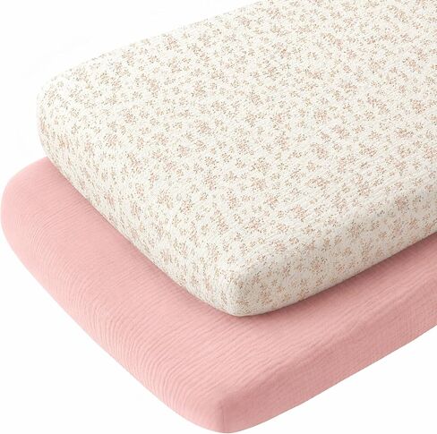 2 Pack Muslin Bassinet Sheets for Girl - 17" x 32" Bassinet Fitted Sheets for Hourglass, Oval, and Rectangle Mattress - Soft Breathable Cotton Baby Sheets - Dusty Pink & Floral in Kuwait
