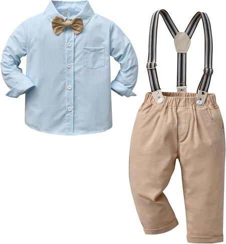 Boarnseorl Baby Boys Pants Sets, Infant Long Sleeve Shirt + Pants + Bow Tie + Suspenders Outfits in Kuwait