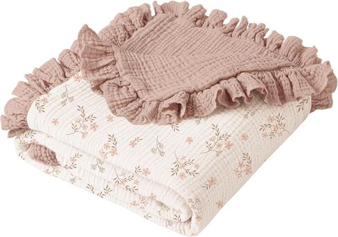 Konssy 100% Cotton Muslin Baby Blanket with Ruffle Trim for Girls, 43"x39" | Reversible Design, Ultra Soft & Lightweight, for Swaddling, Crib, Stroller & Nursery Use, From Newborn to Toddler (Blossom) in Kuwait