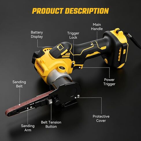 Cordless Belt Sander for Dewalt 20V Battery, 3/8"x13" Mini Detail Sander with 20PCS Belts, 360° Adjustable, LED Display, Finger Sander for Wood, Paint, Metal Rust, DIY (Battery Not Included) in Kuwait