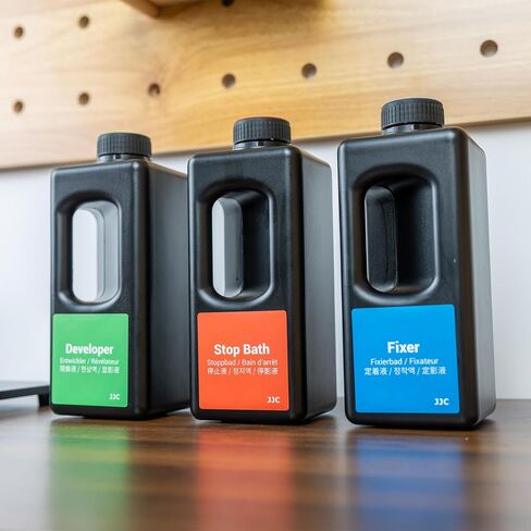 JJC 3x1000ml Darkroom Chemical Storage Bottles with Handle for Film Develop | with Measuring Cups & Color Labels, HDPE Material Made, Corrosion & Acid Resistance, for Developer, Fixer, Stop Bath in Kuwait