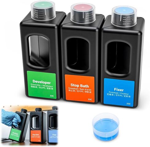 JJC Square HDPE 1000ml Darkroom Chemical Storage Bottles x3 With Handle, Photographic Plastic Containers with 40ml Measuring Cups for Film Photo Developer Fixer Stop Bath in Kuwait