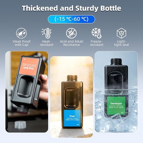 JJC Square HDPE 1000ml Darkroom Chemical Storage Bottles x3 With Handle, Photographic Plastic Containers with 40ml Measuring Cups for Film Photo Developer Fixer Stop Bath in Kuwait