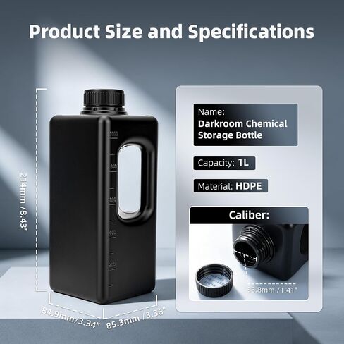 JJC Square HDPE 1000ml Darkroom Chemical Storage Bottles x3 With Handle, Photographic Plastic Containers with 40ml Measuring Cups for Film Photo Developer Fixer Stop Bath in Kuwait