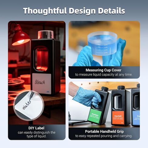 JJC Square HDPE 1000ml Darkroom Chemical Storage Bottles x3 With Handle, Photographic Plastic Containers with 40ml Measuring Cups for Film Photo Developer Fixer Stop Bath in Kuwait