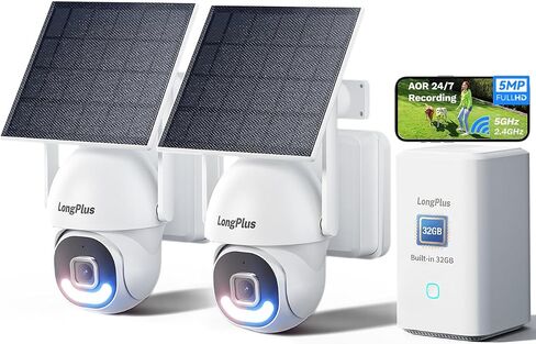 LongPlus 5MP Security Camera System Wireless Outdoor, No Subscription, WiFi Home Security Camera System with 360 ° Pan & Tilt, AOR Tech 24-7 Recording, Solar-Powered, Expandable 8CH, 2 Cam-Kit in Kuwait