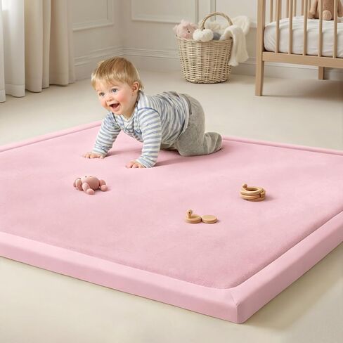 Goyuu Soft Baby Play Mat for Floor, 50x50 Playpen Mat Elasti-Foam Padded 1.3" Thick Crawling Nursery Mat, Non-Slip Backing for Toddlers Infant, Water-Repellent Coral Velvet Tummy Time Mat in Kuwait