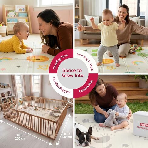 Baby Play Mat – Foldable 78"x51" XPE Foam Baby Floor Play Mat with Fabric Surface, Double-Sided Cute Print, Soft Non-Slip Tummy Time, Play Mat for Babies 0-12 Months, Nursery, Playroom, Living Room in Kuwait