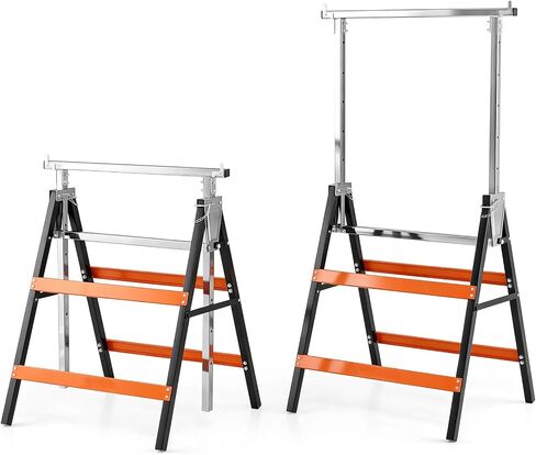 Goplus 2 Pack Folding Saw Horses, Heavy Duty Metal Adjustable Height Sawhorse Set with Top Limit Clip & Non-Slip Foot Pads, Work Support Stands for Woodworking, Carpenters & Contractors (Orange) in Kuwait