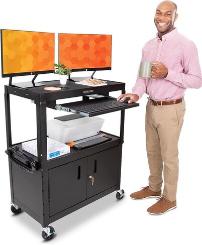 Leader Adjustable Height Rolling AV Cart, Mobile Workstation with Drop Leaf Shelves, Pullout Keyboard Tray, Locking Steel Cabinet, Power Strip for Classroom and Office Use (Black, 24-42 Inch) in Kuwait