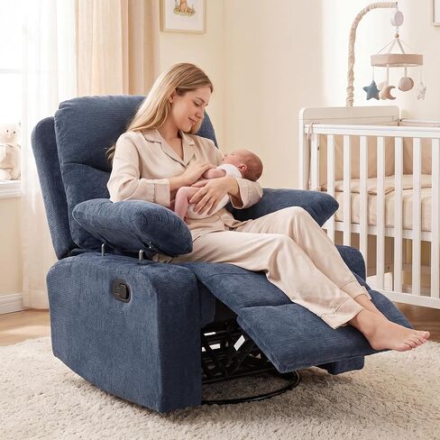 FiveWillowise Rocking Chair Nursery with Adjustable Armrests, 360° Swivel Rocker Recliner for Moms, Manual Gilder Rocker Nursing Chair with Wide Foot Rest for Living Room, Bedroom, Dark Blue in Kuwait