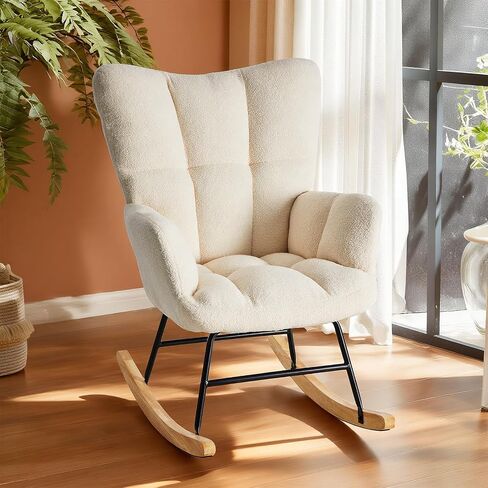 Nursery Rocking Chair, Teddy Upholstered Glider Rocker with High Backrest & Thick Cushion, Tufted Accent Armchair with Wood Legs, Comfy Reading Chair for Living Room Bedroom Office, Beige in Kuwait