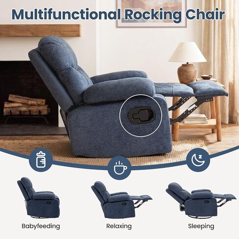 FiveWillowise Rocking Chair Nursery with Adjustable Armrests, 360° Swivel Rocker Recliner for Moms, Manual Gilder Rocker Nursing Chair with Wide Foot Rest for Living Room, Bedroom, Dark Blue in Kuwait
