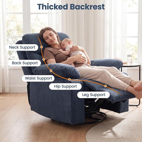FiveWillowise Rocking Chair Nursery with Adjustable Armrests, 360° Swivel Rocker Recliner for Moms, Manual Gilder Rocker Nursing Chair with Wide Foot Rest for Living Room, Bedroom, Dark Blue in Kuwait