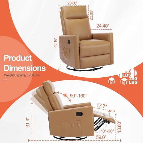 Recliner Chair, 360 Swivel Rocker Recliner Chair for Adult | PU Leather, Adjustable High Backrest & Lumbar Support, Manual Rocking Recliner for Nursery, Living Room, Bedroom, Brown in Kuwait