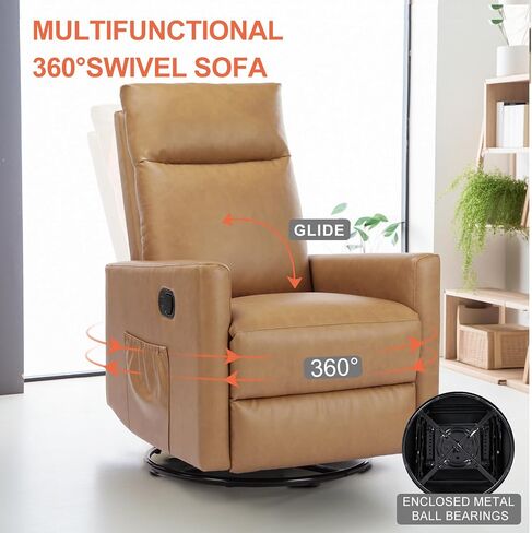 Recliner Chair, 360 Swivel Rocker Recliner Chair for Adult | PU Leather, Adjustable High Backrest & Lumbar Support, Manual Rocking Recliner for Nursery, Living Room, Bedroom, Brown in Kuwait