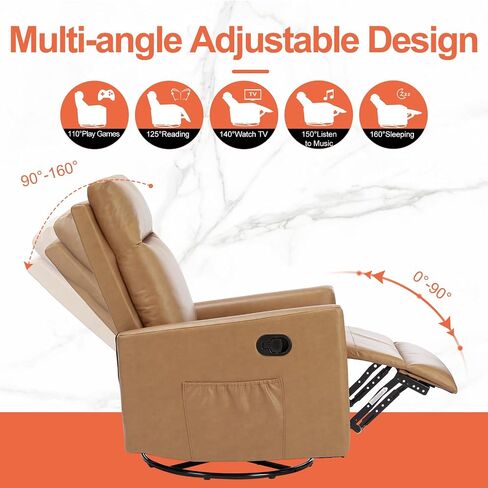 Recliner Chair, 360 Swivel Rocker Recliner Chair for Adult | PU Leather, Adjustable High Backrest & Lumbar Support, Manual Rocking Recliner for Nursery, Living Room, Bedroom, Brown in Kuwait