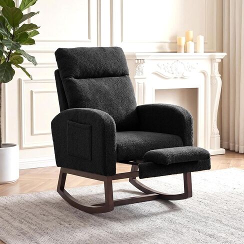 GarveeLife Nursery Rocking Chair,300lb Glider Chair with Solid Wood Legs&Two Side Pockets,Teddy Upholstered Glider Rocker with Padded Seat High Backrest for Living Room/Bedroom/Nursery in Saudi Arabia