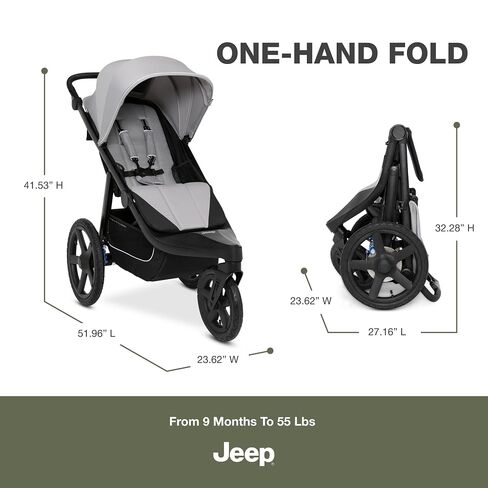 Delta Children - Jeep PowerGlyde Pro Jogging Stroller - 1-Step Back Brake & Hand Deceleration Disc Brakes for Speed Control - 1 Hand Fold, Soft Gray in Kuwait