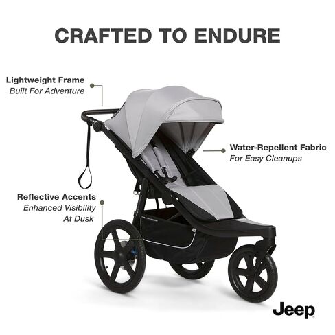 Delta Children - Jeep PowerGlyde Pro Jogging Stroller - 1-Step Back Brake & Hand Deceleration Disc Brakes for Speed Control - 1 Hand Fold, Soft Gray in Kuwait