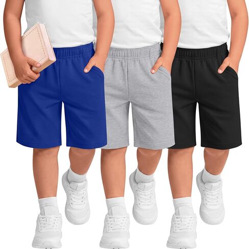 3 Pack Toddler Boys School Shorts Uniform Wide Leg Knee Length Shorts Baby Boys Summer Athletic Sweats with Pockets in Kuwait
