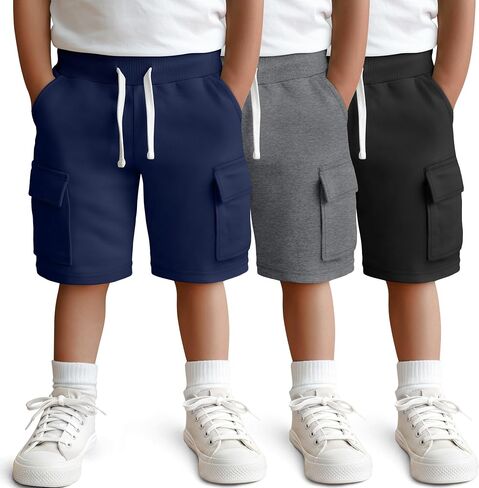 3 Pack Toddler Boys Cargo Shorts | Pull On Athletic Shorts, Pockets, Baby Kids Casual, Soccer, Football, Back to School, Elastic Waist, Drawstring, 18M-5T in Kuwait