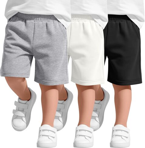 Halfchet 3 Pack Toddler Boys Sweat Shorts | Pull On, Elastic Waist, Summer Pants, Soft, Side Pockets, Breathable, Daily Play Outdoor Wear, for Babys 18M-5T in Kuwait