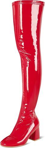 syztsho Thigh High Boots for Women Patent Leather PU Chunky Heel Over The Knee Boot Sexy Square Toe Side Zipper GOGO Boots in Kuwait