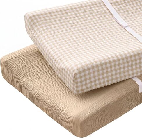 Breling 2 Pack Muslin Changing Pad Covers for Boys Girls, Soft Breathable Cotton Baby Diaper Change Covers for Dresser or Table, Neutral Nursery Diaper Changing Pad Sheets, Khaki Plaid and Solid Khaki in Kuwait